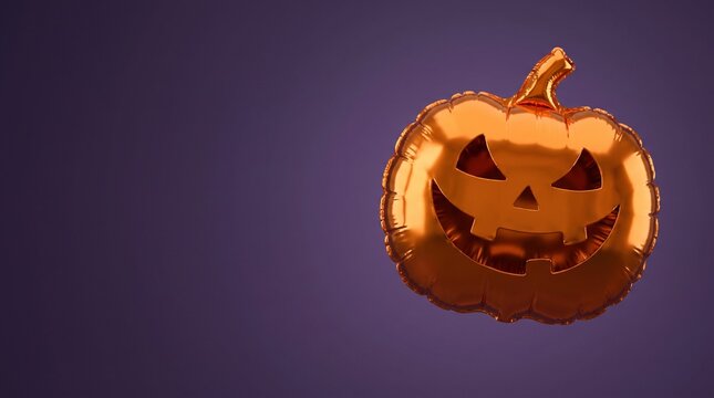 Close up of a jack o lantern foil balloon on purple.