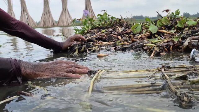 Low Angle Close Up Of Farmer Pulling Retted Jute From Canal Water Bangladesh