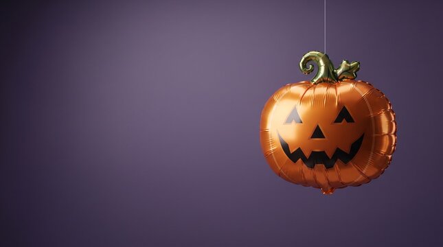 Creepy jack o lantern foil balloon on a purple background.