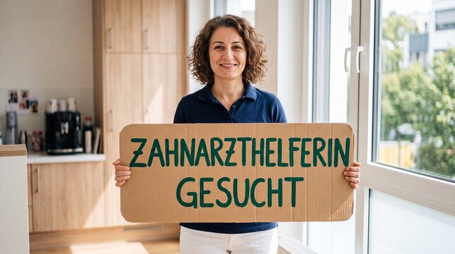 Frau h&auml;lt Pappschild mit Aufschrift Zahnarzthelferin gesucht in Zahnarztpraxis