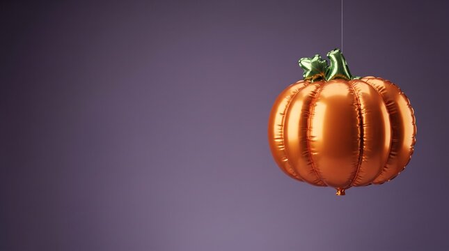 Orange pumpkin shaped foil balloon on a purple background.