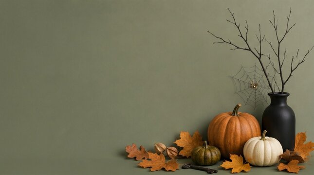 Empty green wall background decorated with autumn harvest pumpkins.