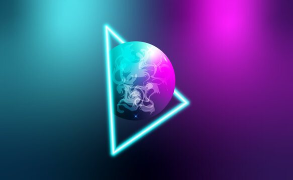 Neon geometric triangle with abstract gradient sphere and glowing light effects futuristic technology background
