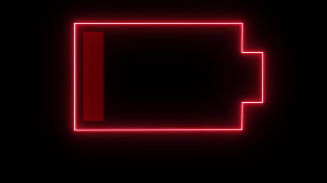 Low battery indicator light glows red and flickers as power depletes to zero and text reads battery low neon light concept.