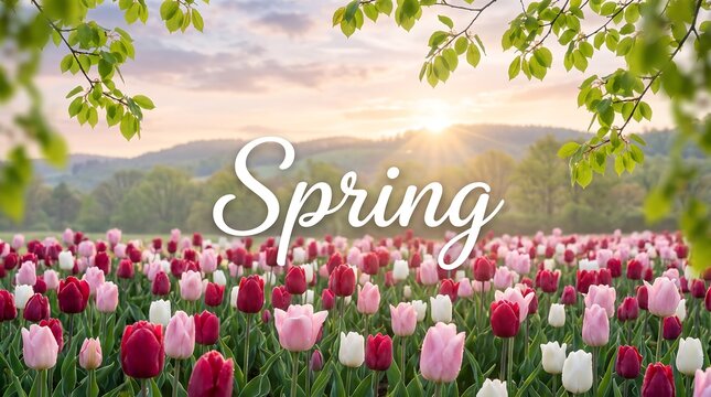 Beautiful field of colorful tulips in spring with a sunrise background, vibrant flowers in a meadow during a sunny morning, nature landscape photography