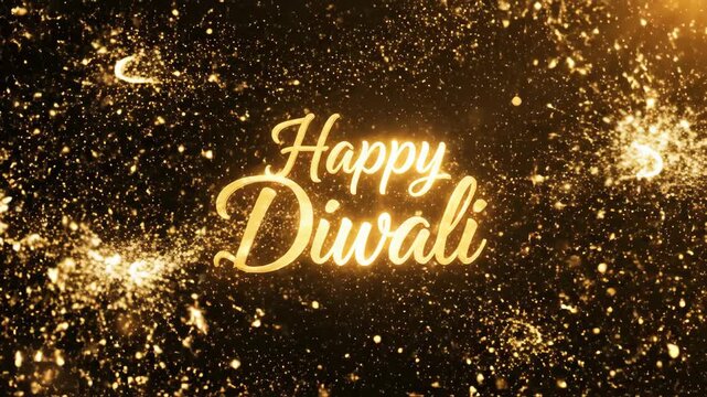 Glowing Happy Diwali text with golden fireworks on black background