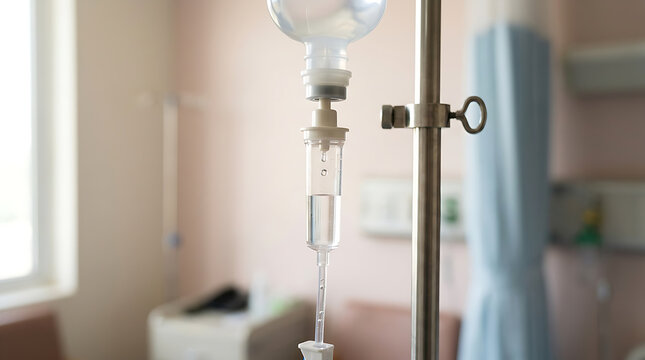 Intravenous drip setup in a hospital room.
