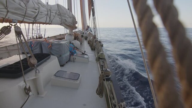 Big sailing boat moves in the Atlantic Ocean under the sails