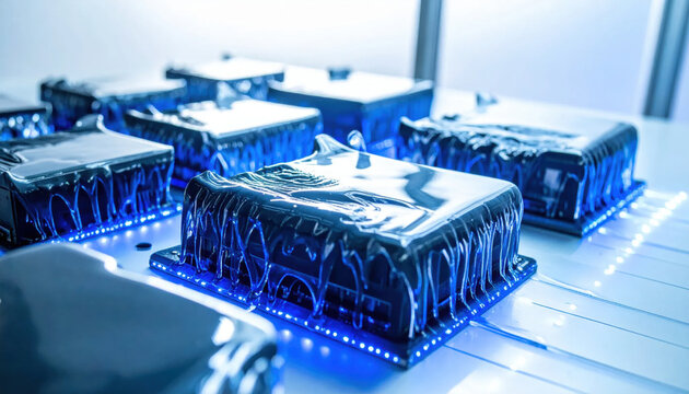 Intricate Electronic Component with Blue LED Illumination on a Modern Circuit Board