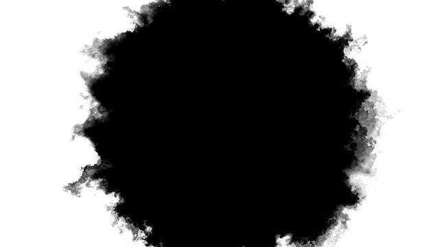 Black ink smoke border matte rough cloudy edges, white outer space, dark central area, and organic grunge texture. transitions, title reveals, horror edits, film masks, dramatic overlays, creative