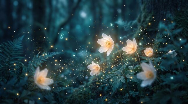 Enchanted forest scene with glowing white wood anemone flowers and magical fireflies in a dark, mystical woodland atmosphere with soft bokeh lighting