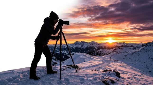 Silhouette of a photographer taking pictures with a camera on a tripod at sunset on a snowy mountain top landscape