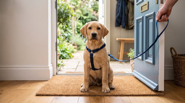 Puppy sitting at threshold on leash with person holding lead at doorway. Puppy explores home environment and garden view outside entrance. Ideal for pet care promotions and dog training services.