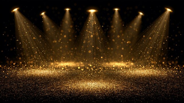 Dramatic stage lighting with golden spotlights and glittering dust particles on a dark, reflective surface, creating a luxurious atmosphere