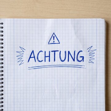 Handschriftliches Warnschild mit dem Wort Achtung auf einem karierten Notizblock
