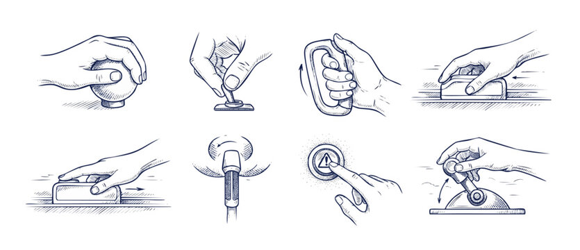 Hand operating control switch sketch illustration set showing human hands pressing emergency button pulling lever turning knob sliding fader and gripping handle in vintage engraving line art style.