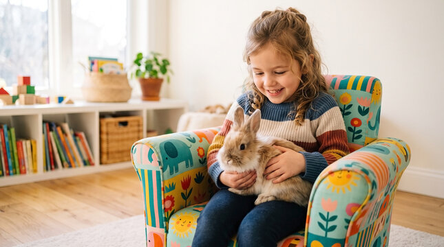 Child with pet rabbit sitting on colorful chair enjoying playful moments at home. This child cuddles with gentle rabbit on vibrant chair surrounded by cozy living room.