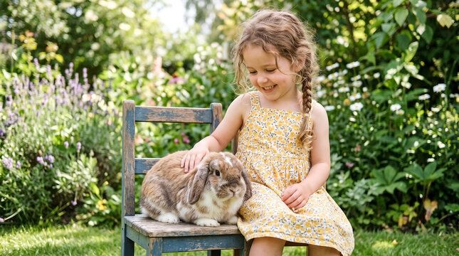 Girl with bunny sitting on garden chair, smiling in sunny flower-filled backyard. Child gently strokes rabbit while enjoying nature, perfect for family moments, pet photos,