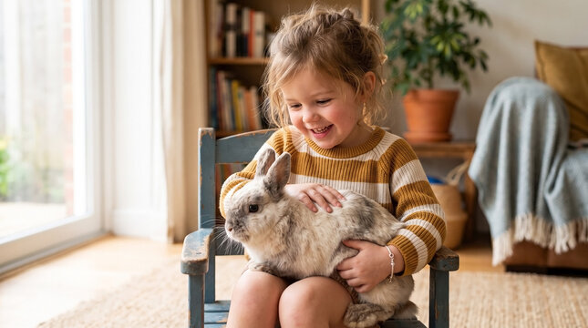 Happy child holding rabbit on wooden chair in cozy living room. Child joyfully interacts with adorable pet while sitting comfortably. Perfect moment capturing pet ownership for family lifestyle.