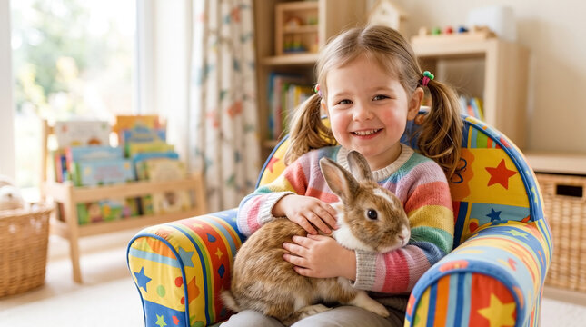 Happy child holding pet rabbit in colorful chair with playful decor, joyful expression captures bond between kids and pets. Pet rabbit brings joy to childhood moments in cozy setting,