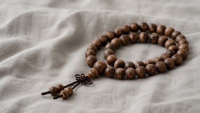 A prayer necklace sits on a neutral-colored textile. The beads have visible wood grain and reflect soft indoor light