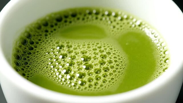 Close-up of a vibrant green matcha tea in a white cup, showing delicate foam on the surface.
