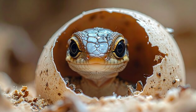Reptilian Embryo Development, Close-Up of Reptile Hatchling Emerging from Egg Shell