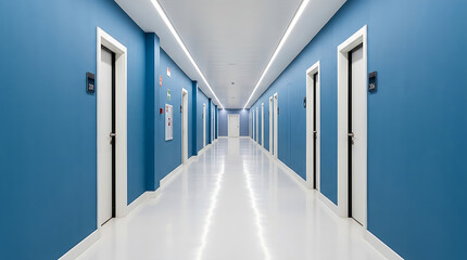 Fototapeta premium Modern hospital corridor with white doors and blue walls.