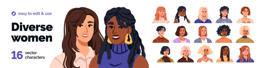 Fototapeta premium Diverse women head portraits with modern hairstyles set. Happy girls, female characters with long and short hair, curly and straight hairdo. Flat vector illustrations isolated on white background