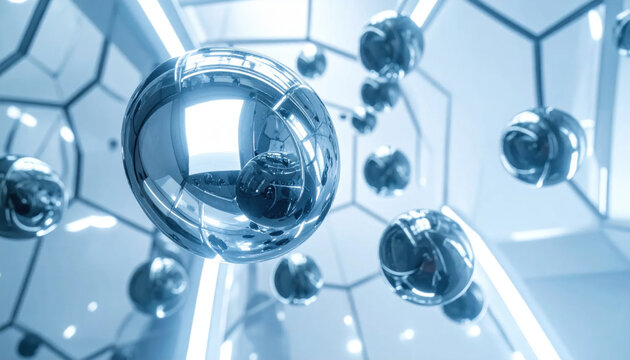 Intricate molecular structure with reflective spheres and geometric connections in bright clean light