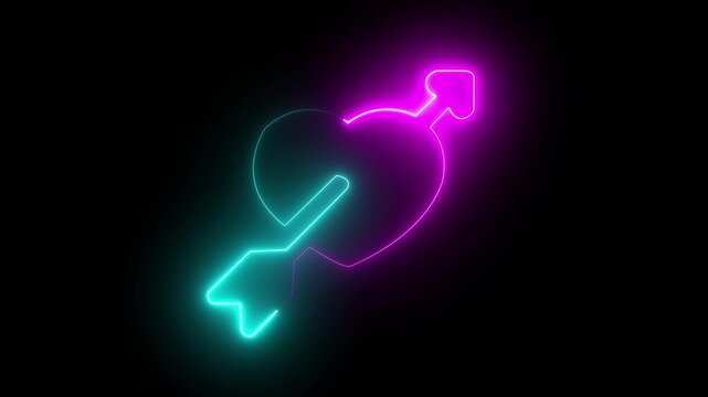 Neon Heart with Arrow Symbol on Black Background for Love Romance and Valentine's Day Concepts. motion graphics of concept.