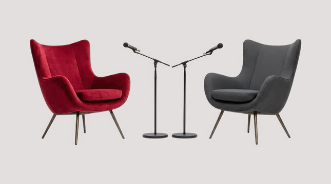 Two luxury velvet armchairs in red and grey colors with professional microphones standing in between, armchair