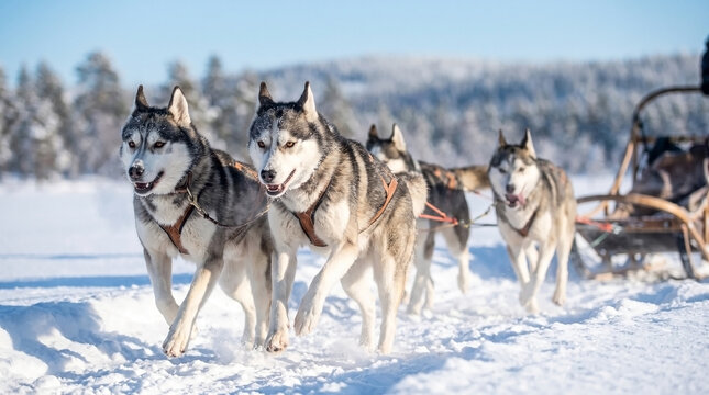 Siberian husky team running through snow-covered landscape with sled. Energetic huskies pull sled in beautiful winter scenery, showcasing dynamic teamwork and strength.