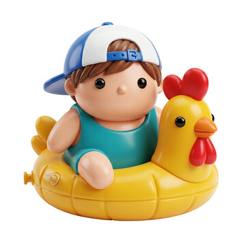 Cute Boy Sitting in Yellow Duck Pool Float 3D Illustration