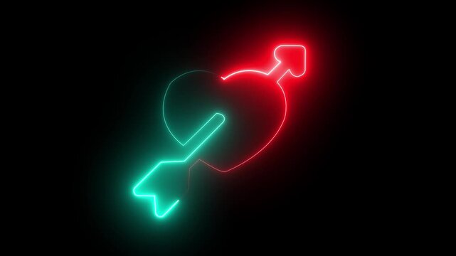 Neon Heart with Arrow Symbol on Black Background for Love Romance and Valentine's Day Concepts. motion graphics of concept.