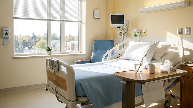 Modern hospital room with empty patient bed 1.