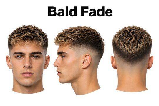 A man showing a bald fade hairstyle from front side and back view