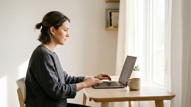 A focused woman sits at a wooden table, using a laptop in a bright room. She is searching for a new career path, intent on finding a way to quit her current job and pursue new professional goals