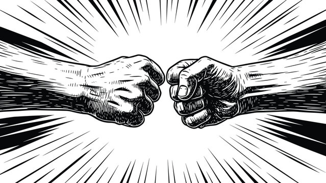 Powerful vintage style engraving of two clenched fists bumping, symbolizing power, partnership, friendship, and strong collaboration.
