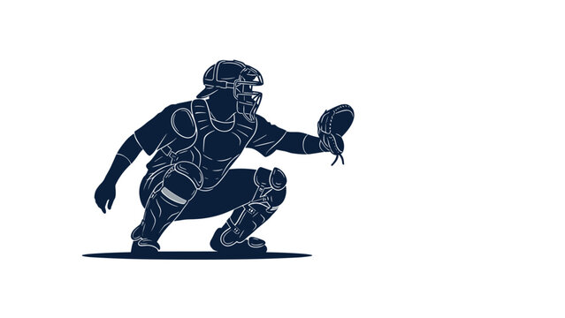 Dynamic silhouette of a baseball catcher in a crouching position, wearing full gear and glove, ready to receive the pitch.