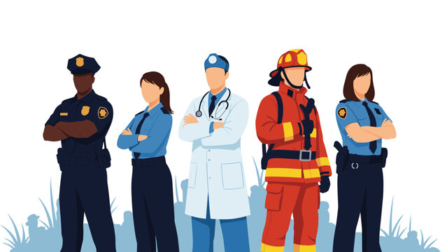 Diverse group of essential workers including police officers, doctors, and firefighters, standing together heroically, representing public service and community safety.
