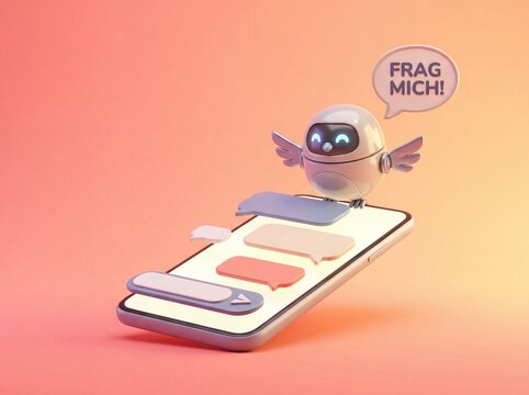 Niedlicher Roboter-Vogel thront auf Smartphone und l&auml;dt mit Sprechblase Frag mich zum Chat ein