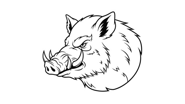 Detailed black and white line art engraving of an aggressive wild boar or razorback head, featuring prominent tusks and a fierce expression.