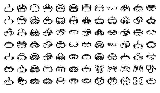 Black Virtual Reality Headset Icons Set with Editable Stroke VR Technology Vector Collection