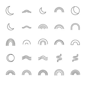 Minimalist Rainbow and Moon Icons Set, Boho Abstract Line Art Symbols