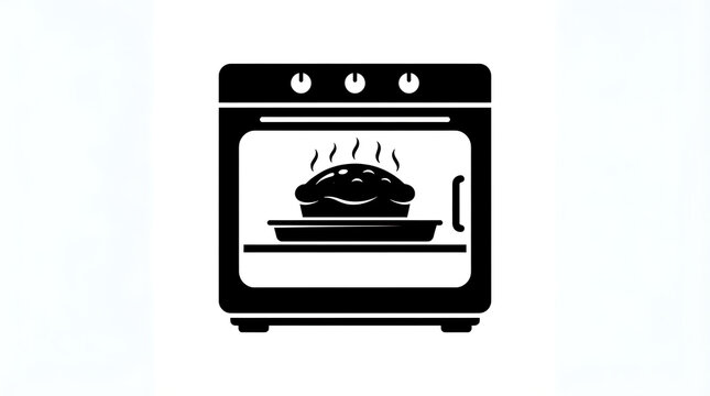 Minimalist black oven icon featuring a freshly baked pie inside a simple kitchen appliance graphic with displays high contrast