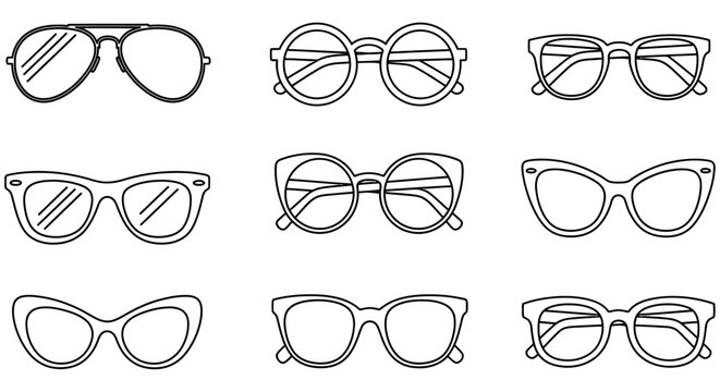 Assorted Eyeglasses Line Art On White Background Minimalist Style spectacles