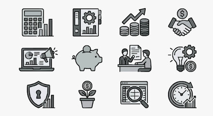 Fototapeta premium Business Icons Set Showcasing Finance and Productivity.