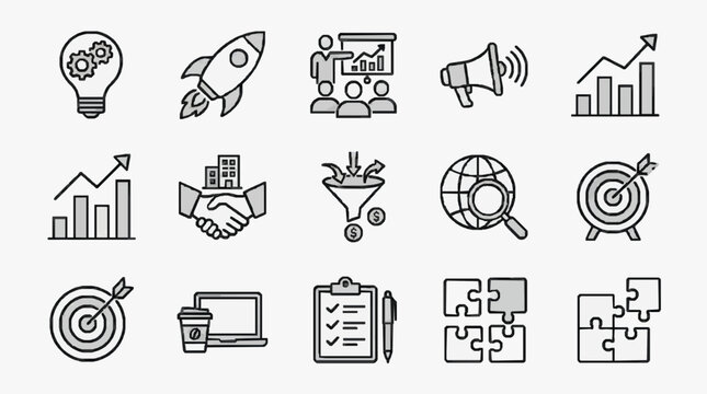 Business Icons Set Showing Innovation and Strategy.