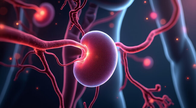 Human kidney with blood vessels and glowing effect, detailed anatomy with veins and arteries, medical themed composition with